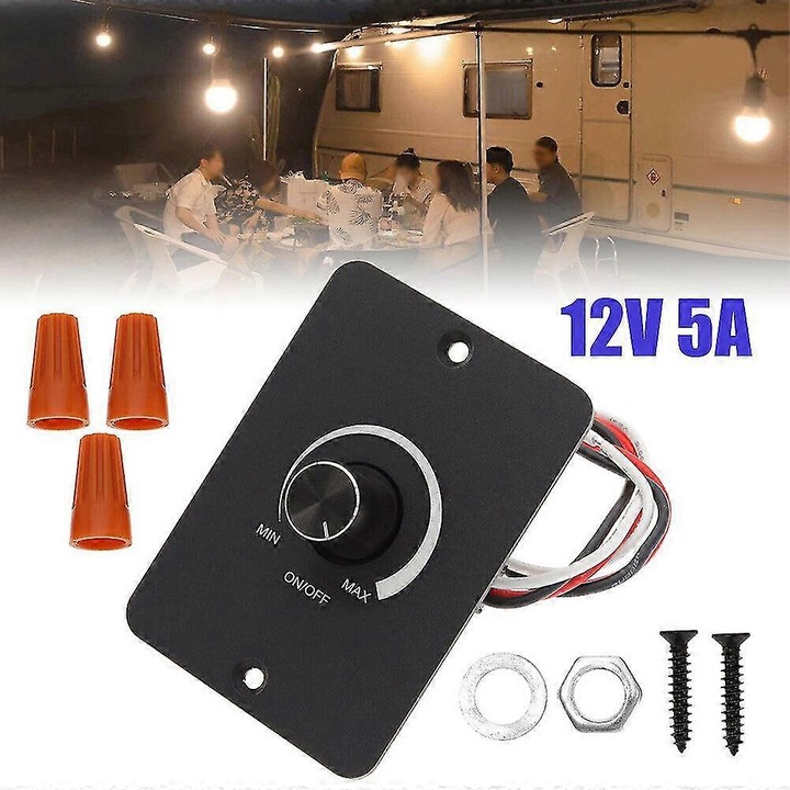 LED dimmer DC 12V PWM, forgatható vezérlés 0-100% be/ki kapcsolóval, 5A 60W max, alumínium ház, fekete, 1 db