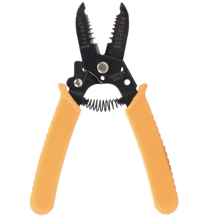 Hoff csupaszoló fogó, 0.6 - 2.6 mm, narancssárga, Anyag acél + PVC, 17 cm, 130 g, elektromos vezetékek vágására és szigetelésének eltávolítására szolgál, kézi használat munkákhoz, szerelésekhez