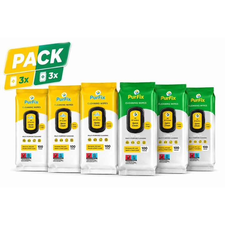 Pachet 3 Servetele umede Purfix + 3 Servetele umede Purfix EXTRA pentru ingrijirea casei