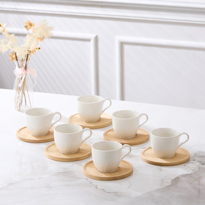 Set 6 cesti cafea portelan Stone cu farfurioare bambus, 200ml, alb