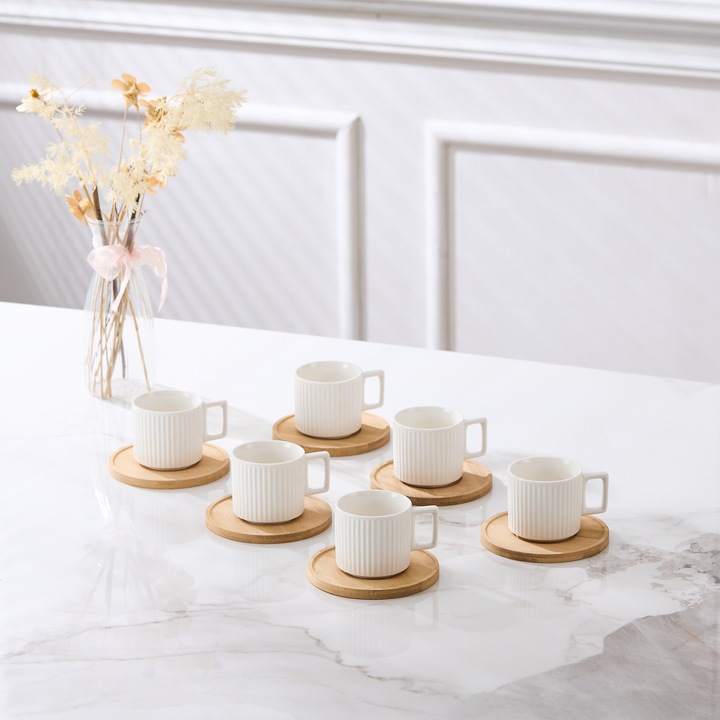 Set 6 cesti espresso portelan Block cu farfurioare bambus, 90ml, alb