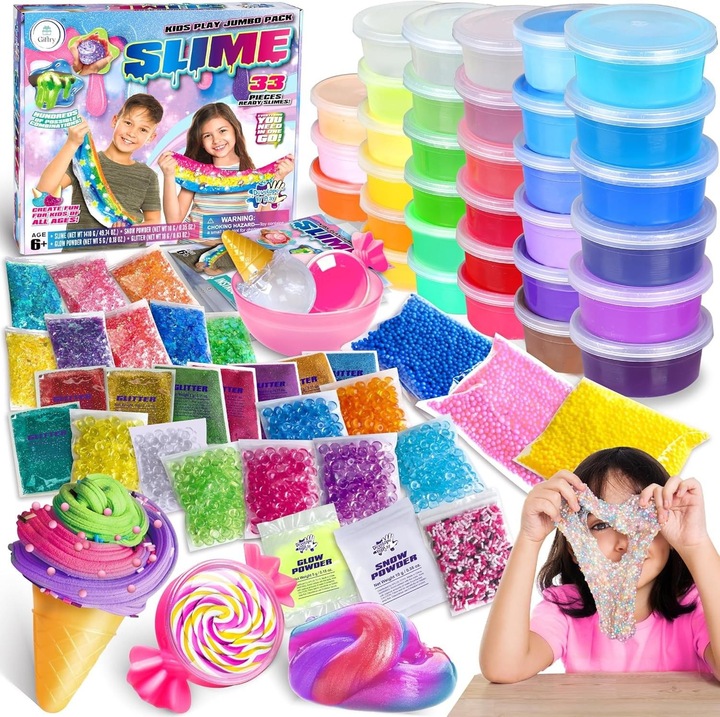 Kit Jumbo Slime Giftry® 33 Tartállyal Gyermekeknek – Kész DIY Kreatív Slime Szett, Fosforeszkáló, Csillámos, Butter Slime, Színes és Átlátszó, Ajándék Lányoknak és Fiúknak, 6+ Évesek