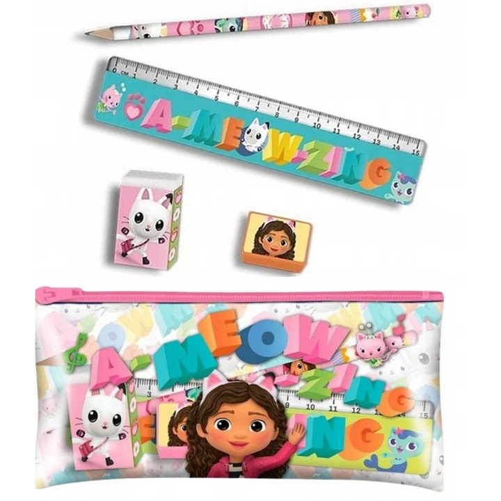 Set scolar/rechizite Kids Euroswan Koci Domek Gabi, penar 9,5 x 19 cm cu creion, ascutitoare, guma si rigla, compact si usor, cu grafici colorate cu personaje, multicolor