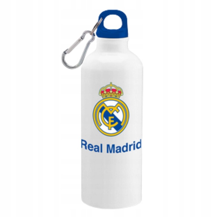 Bidon sport Kids Euroswan Real Madrid din aluminiu, cu carabina, cu imprimeu Real Madrid, alb/albastru, 500 ml