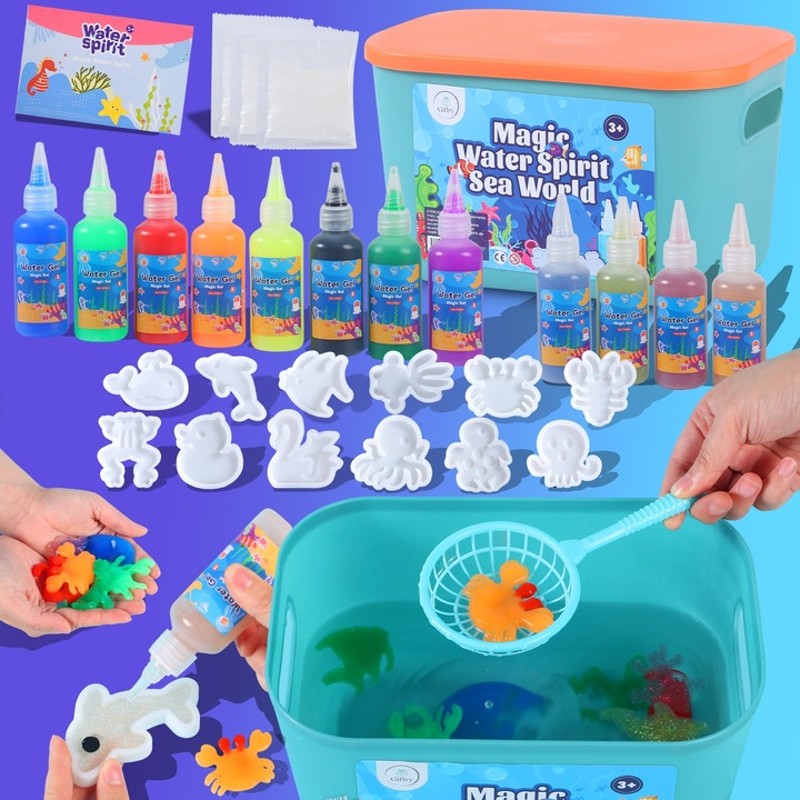 Creativ Giftry® Aqua Gel 3D Készlet Gyermekeknek, 12 Szín, 12 Tengeri Forma, 2 Háló, 3 Kalcium-klorid Tasak, Varázslatos Vízfigurák, STEM Oktató Játék, 3 év+