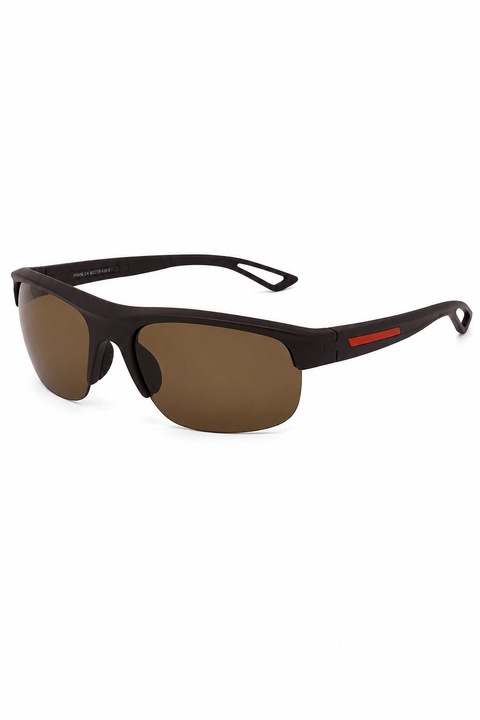 Ochelari de soare sport polarizati pentru barbati, semi-rimless, design wrap-around, rama maro mat, lentile maro, UV400, cu toc de protectie inclus