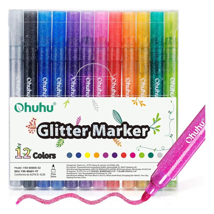 Ohuhu Csillogó Fémes Marker Készlet, 12 db, Vízbázisú, Kerek Hegyes 3.0 mm, Többszínű