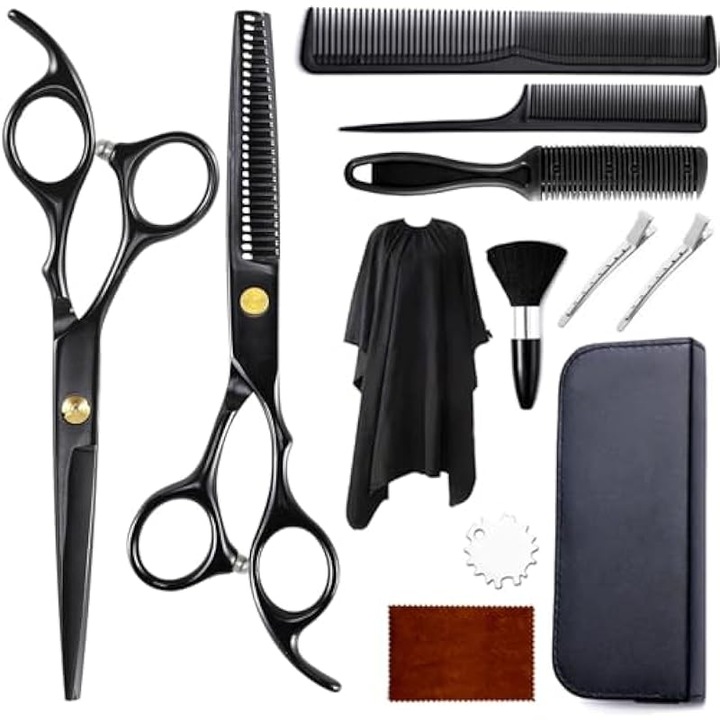 Set 12 piese foarfece tuns, pieptene, pelerina, clipsuri, negru