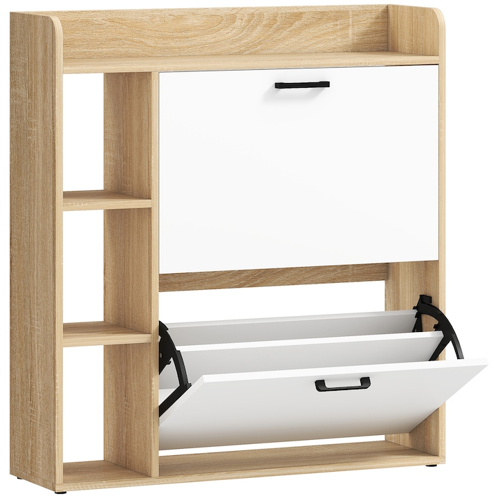 Cipősszekrény lehajtható ajtókkal, HOMCOM, Forgácslap, 83 x 24 x 90,5 cm, Fehér, fa megjelenés