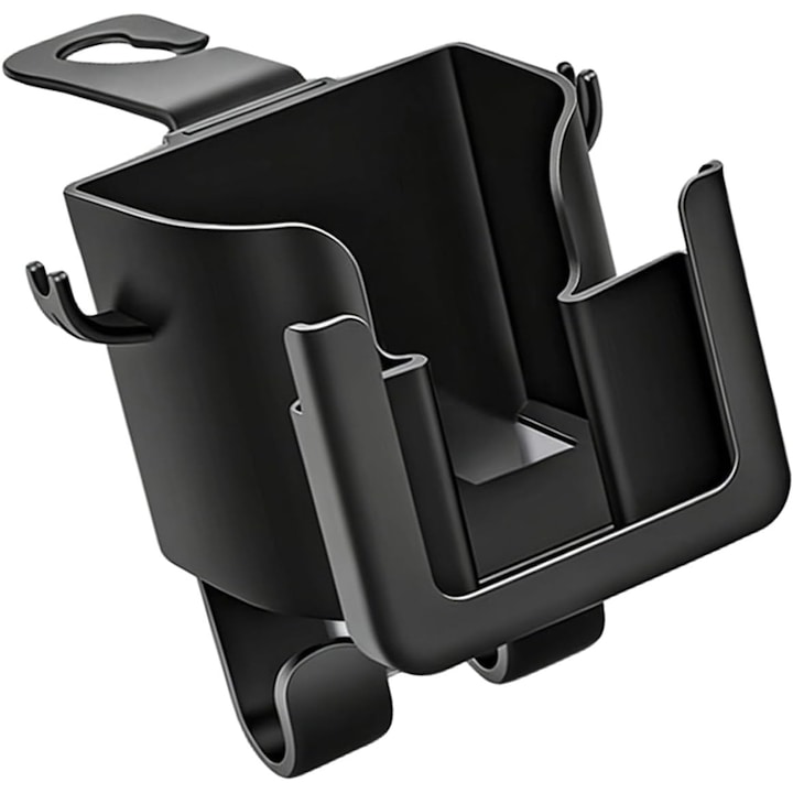 Suport pahar auto si organizator spatar multifunctional, cu suport pentru telefon si carlig pentru gunoi, dublu carlig reglabil, anti-alunecare, negru, 1 buc.