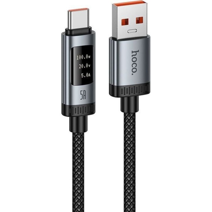 Cablu de date/incarcare USB-A la USB-C Hoco U148, PD 240W 6A, afisaj OLED pentru putere/tensiune/curent, impletitura nylon si carcasa din aliaj aluminiu, negru, 1,2 m