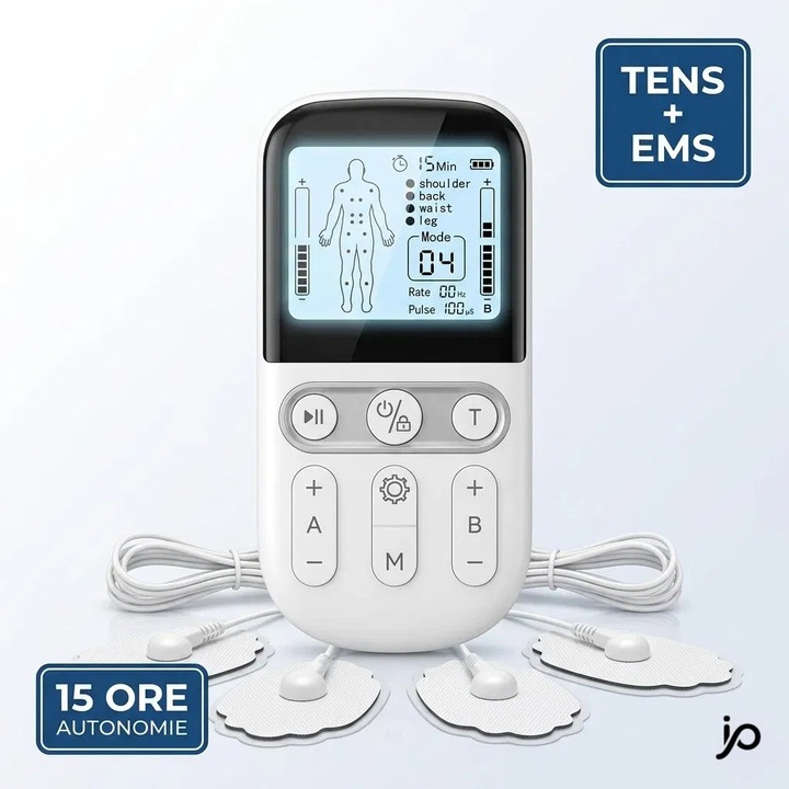 Aparat Masaj Electrostimulare Masajo® TENS & EMS Portabil, Fizioterapie, Electroterapie, Recuperare Musculara, Ameliorare Dureri Spate, Cervicala, Dual Channel, 24 Moduri, 20 Trepte, Autonomie 15 Ore
