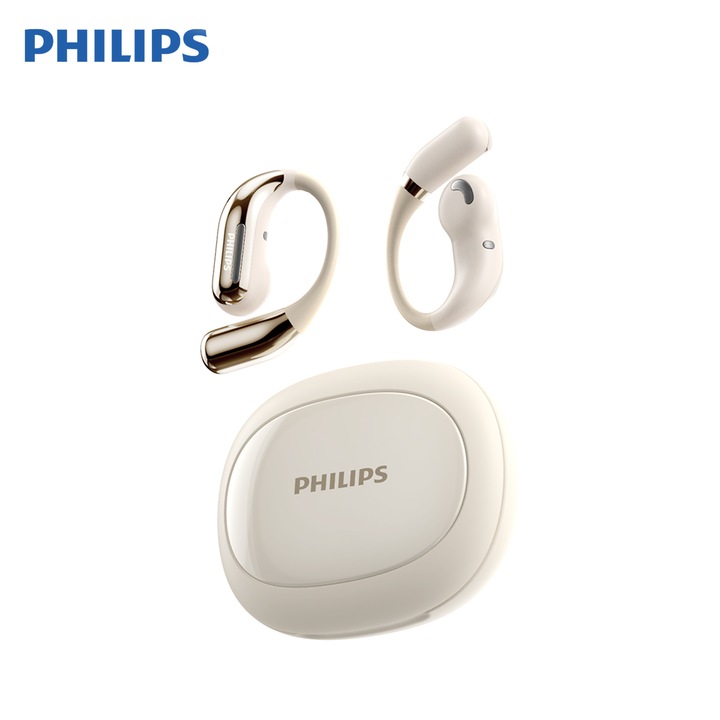 Casti True Wireless Philips TAQ2720, nyitott kialakítás, maximális kényelem, 29 órás akkumulátor-üzemidő, Bluetooth 6.0, tiszta hívások, fröccsenésálló, érintésvezérlés, hívászajcsökkentés, ideális sportoláshoz és mindennapi használatra. Fehér