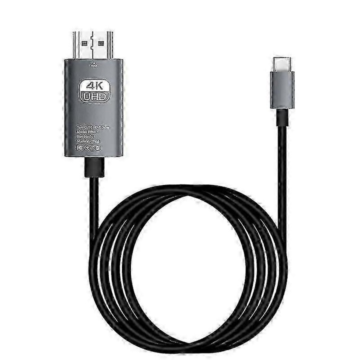 Type-C–HDMI kábel, USB-C–HDMI 4K UHD adapter, 4K@60Hz/30Hz, apa-apa csatlakozó, alumínium ház, Fekete, 2m