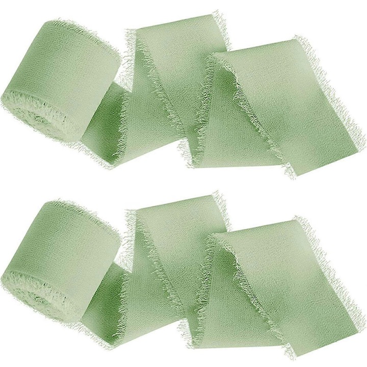 Dekoratív szalag, kézzel készített selymes sifon ajándékszalag, rojtos szél, környezetbarát festés, fakulásálló, Világoszöld, 4 cm x 5 m