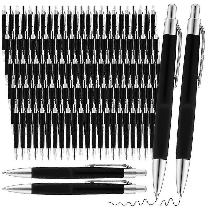 Visszahúzható golyóstollak, 0.7 mm-es kattintós tollak, gyorsan száradó és elkenődésmentes fekete tinta, műanyag test gumírozott markolattal és oldalsó klippel, Fekete, 100 darab