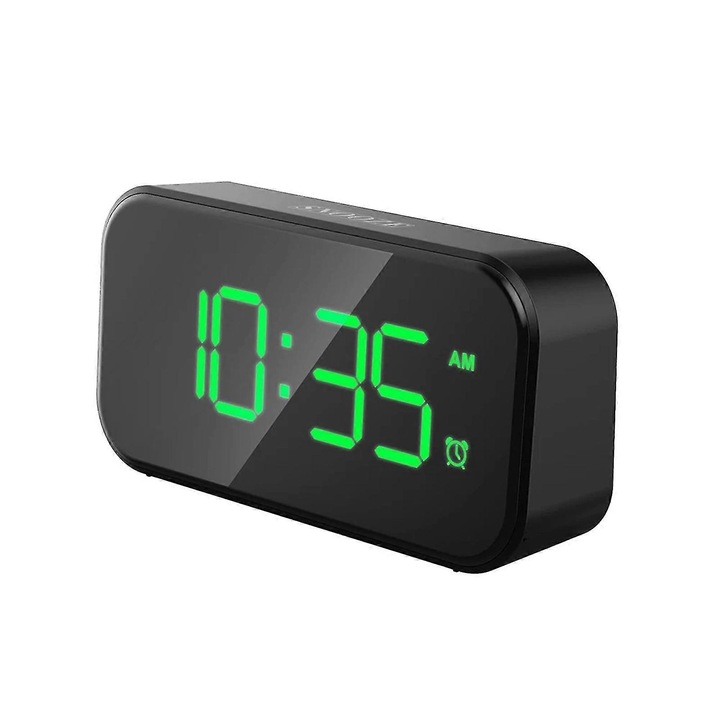 Többfunkciós LED ébresztőóra, 5 hüvelykes, fehér-zöld, 12.8x3.5x6.6cm, állítható fényerő és hangerő