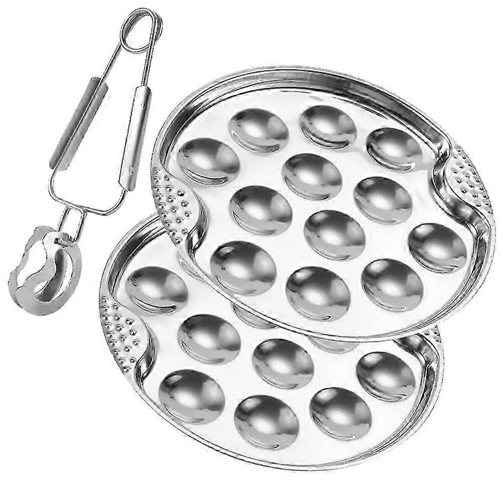 Set 2 tavi pentru escargot (platou pentru melci) din otel inoxidabil, 12 compartimente fiecare, rezistente la cuptor si masina de spalat, argintiu, 2 x 19x19x3 cm, include cleste