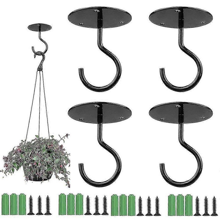4 db fekete fém kampó falra és mennyezetre 10-15kg 10x5cm