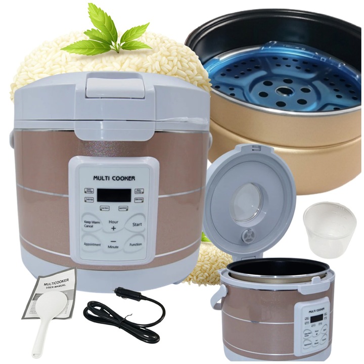 Multicooker auto 6 in 1 si aparat de gatit orez, oala interioara antiaderenta cu 5 straturi + sita abur, 3 L, putere 120W-200W, alimentare 12V/24V pentru TIR, bus si masina, ecran LCD cu timer, Alb