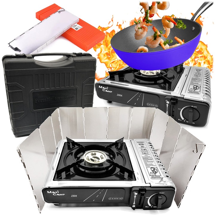 Aragaz portabil de camping pe cartus, MaxiCamp, paravan de vant + cutie de transport, 2100 W, pe gaz, 1 arzator, aprindere piezoelectrica, reglare flacara, otel inoxidabil, argintiu/inox