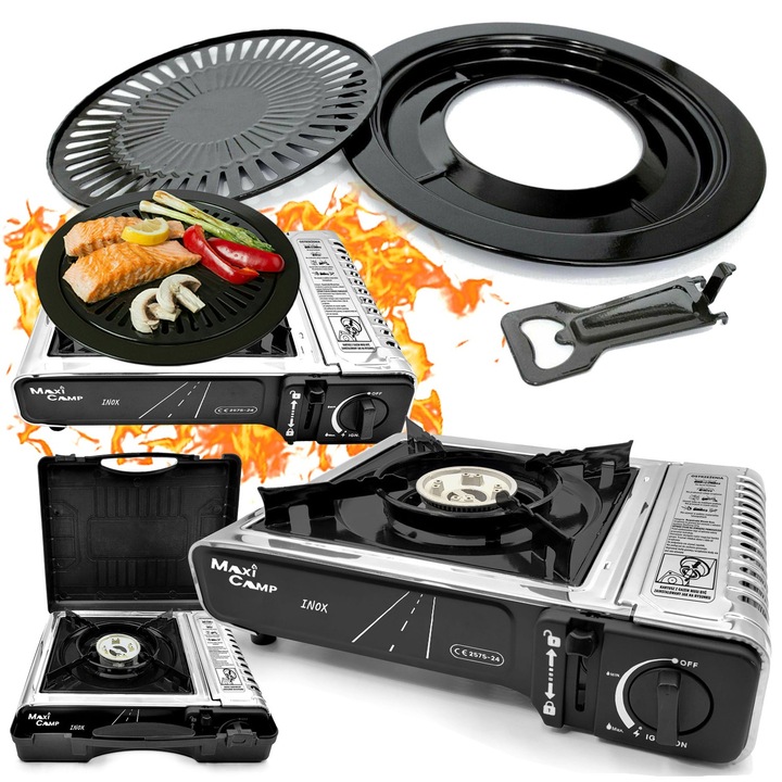 Aragaz portabil de camping pe cartus, MaxiCamp, plita pentru gratar + cutie de transport, 2100 W, pe gaz, 1 arzator, aprindere piezoelectrica, reglare flacara, otel inoxidabil, argintiu/inox
