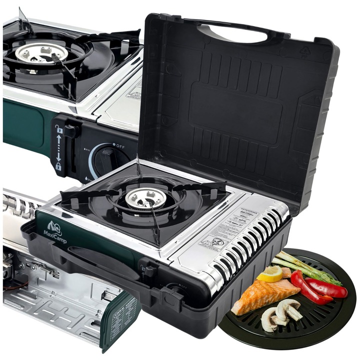 Aragaz portabil de camping pe cartus, MaxiCamp INOX GREEN, SafeTwist-Off System + plita pentru gratar si cutie, 2100 W, pe gaz, 1 arzator, aprindere piezoelectrica, otel inoxidabil, argintiu/verde