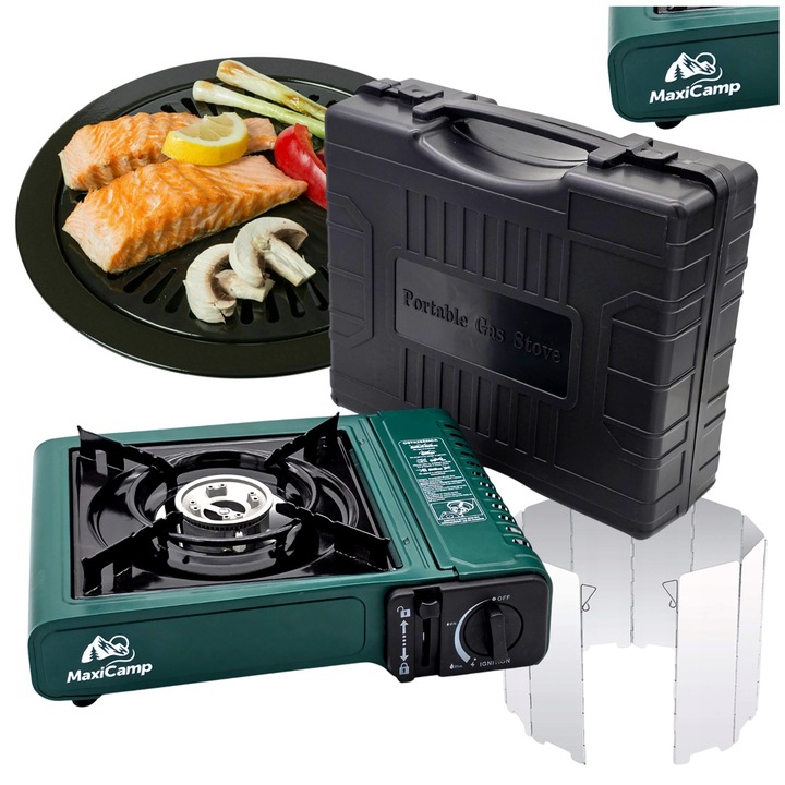Aragaz portabil de camping pe cartus, MaxiCamp GREEN, SafeTwist-Off System + plita pentru gratar, paravan de vant si cutie, 2100 W, pe gaz, 1 arzator, aprindere piezoelectrica, otel, verde