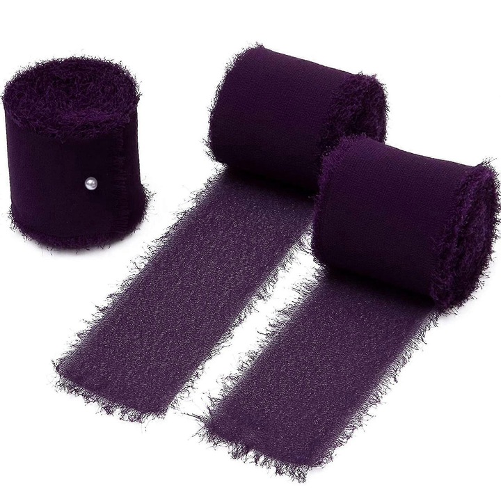 Dekoratív szalag/chiffon szalag, kézzel készített, rojtozott szélű, sötétlila, 4 cm x 5 m, 1 tekercs