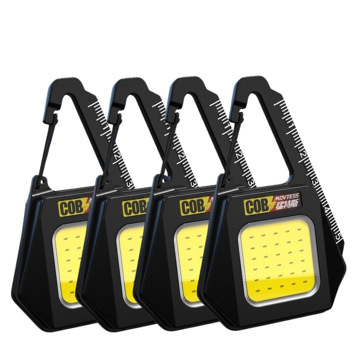 4 db-os kulcstartó LED COB lámpa csomag, USB-C újratöltés, mágneses talp, IPX4 vízálló, 500 lm, 500 mAh akkumulátor, 5W, fekete-sárga, 8 x 5.3 cm