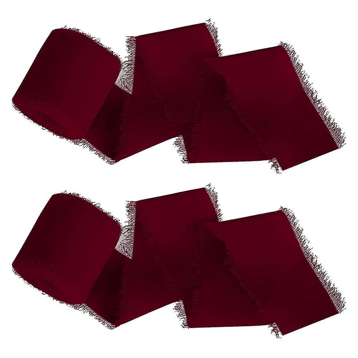 Kézzel készített dekoratív szalag selymes sifonból, rojtozott széllel, csomagoláshoz és dekorációhoz, bordó, 4 cm x 5 m