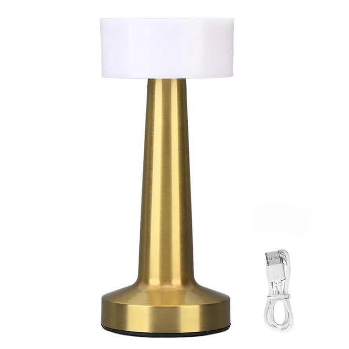 Lampa de masa reincarcabila fara fir, veioza cu baterie 1800mAh, 3 trepte de luminozitate, control tactil si reglaj temperatura de culoare, corp metal electroplat, alb/auriu, 1 buc