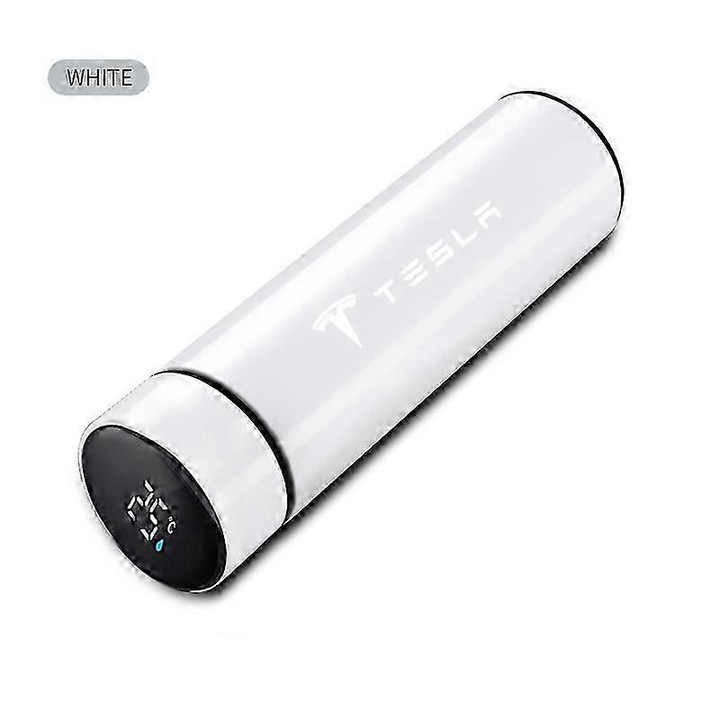 Termos / sticla termica din otel inoxidabil 304, compatibil cu Tesla Model 3/Model X/Model S/Model Y, cu afisaj LCD tactil pentru afisarea temperaturii, izolatie vid dublu, mentine temperatura 12h, Alb, 500ml