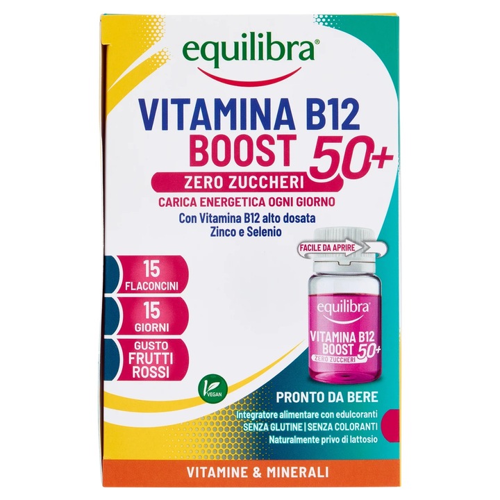 Vitamina B12 Lichida, in Doza Mare, Pentru Barbati si Femei 50+, cu Vitaminele B1, B3 si B6, Zinc si Seleniu, 15 Fiole Gata de Baut, Fara Zahar, Equilibra