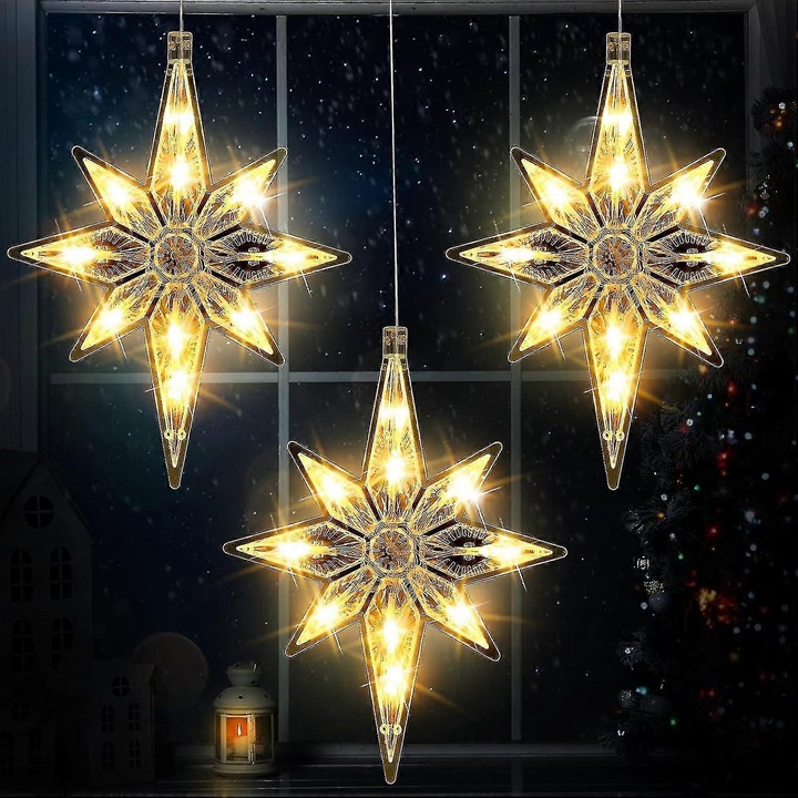 LED csillag ablakdekoráció, 3 darabos szett, meleg fehér, 23x27cm