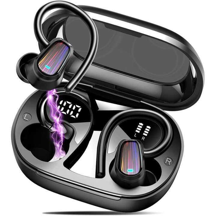 Vezeték nélküli Bluetooth 5.4 fülhallgató, sport Bluetooth fülhallgató fülkampóval, 50 óra üzemidő, digitális akkumulátor kijelző, ENC mikrofon, IP7 vízálló, Fekete