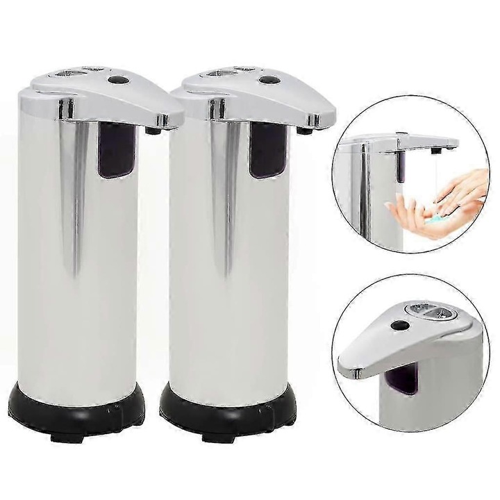 Set 2 bucati, Dispenser automat de sapun, dozator cu senzor infrarosu, din inox si plastic, argintiu, 2 x 280 ml, alimentare 4 x baterii AAA