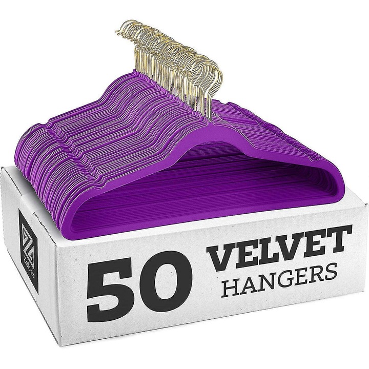 20 darabos szett, Csúszásgátló bársony vállfák 360°-ban forgatható kampóval, Sötétlila, 45 cm