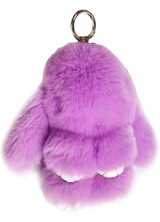 Kulcstartó medál, műszőrme nyuszi, puha, mozgatható lábakkal és fém gyűrűvel, Rex, lila, 15 cm