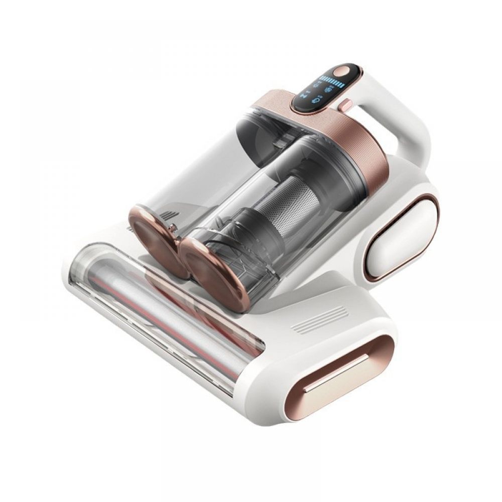 Aspirator pentru saltea si tapiterie fara fir, 16Kpa, cu lampa UV-C 253.7nm si vibratii ultrasonice, filtru HEPA H13, recipient dual 520ml, perie rotativa, alb/roz-auriu