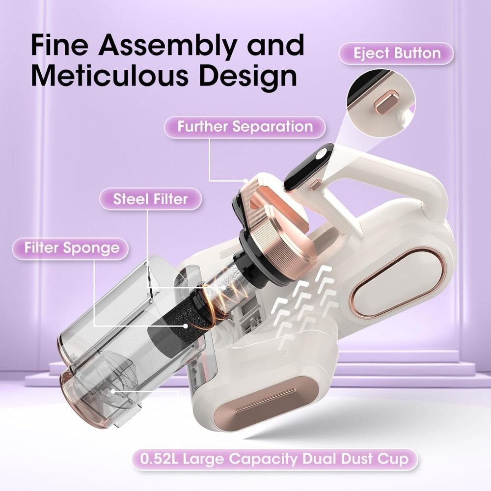 Aspirator pentru saltea si tapiterie fara fir, 16Kpa, cu lampa UV-C 253.7nm si vibratii ultrasonice, filtru HEPA H13, recipient dual 520ml, perie rotativa, alb/roz-auriu