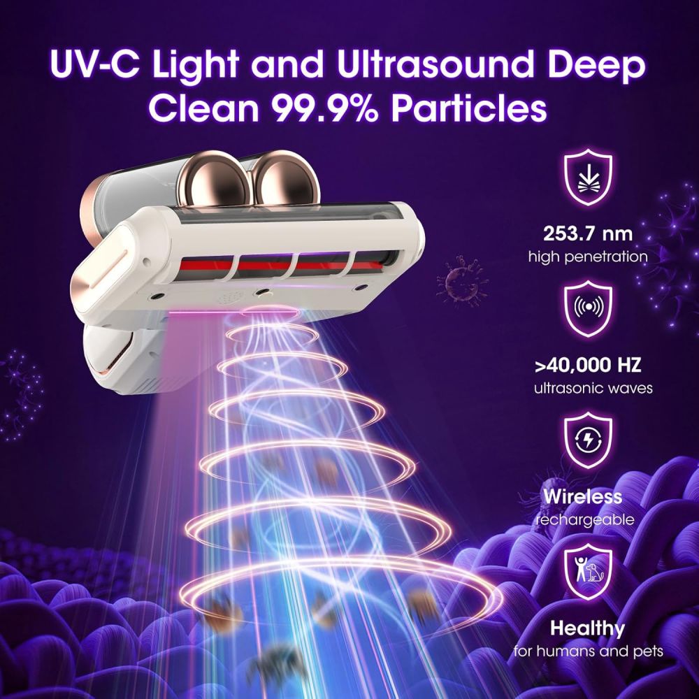 Aspirator pentru saltea si tapiterie fara fir, 16Kpa, cu lampa UV-C 253.7nm si vibratii ultrasonice, filtru HEPA H13, recipient dual 520ml, perie rotativa, alb/roz-auriu