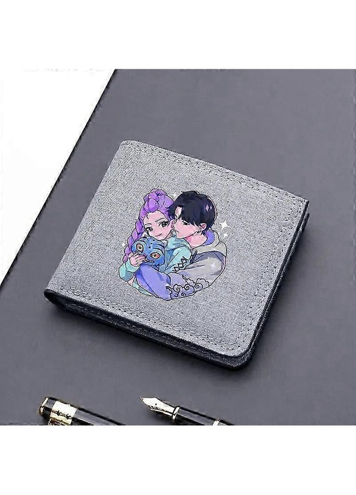 Portofel scurt din canvas pentru femei cu imprimeu anime K-pop, compartiment card si monede, Gri/Multicolor