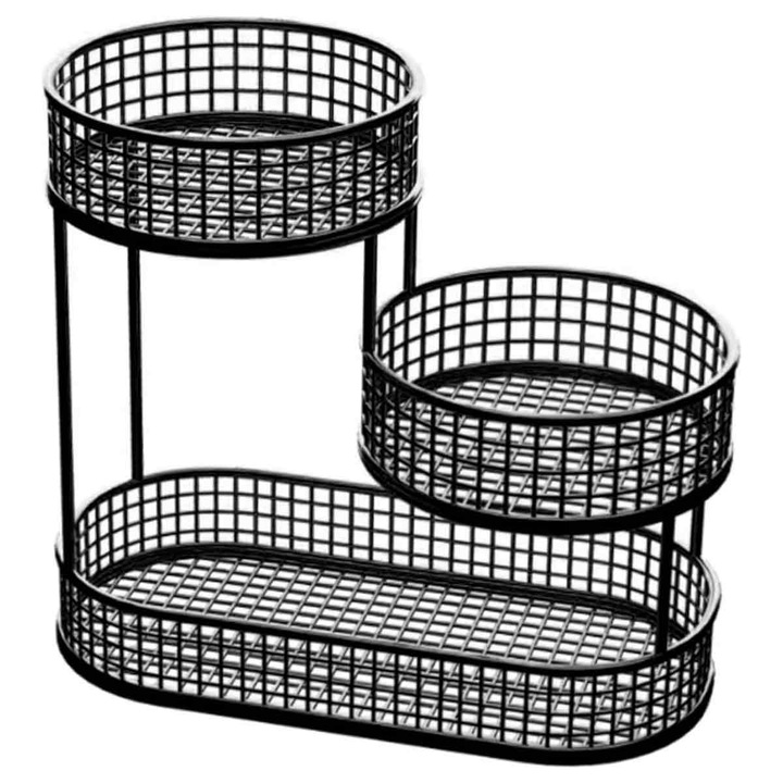 Suport fructe 3 niveluri, bol fructiera metalic din otel vopsit cu pulbere, design cu grilaj deschis pentru circulatie aer, capacitate pana la 15 lbs (≈6.8 kg) pe nivel, Negru, 1 buc, 12.6 x 12.6 x 6.7 inch