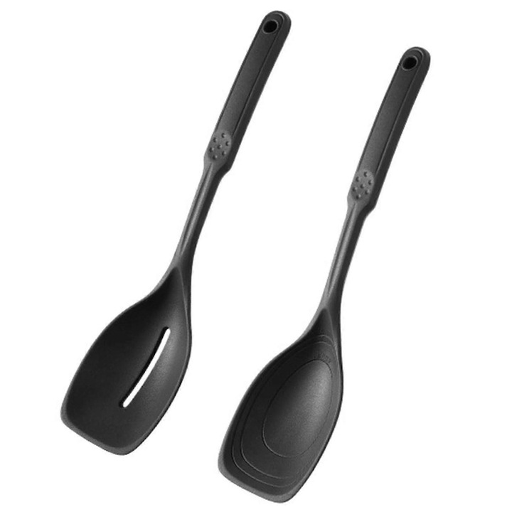 2 darabos szett, mérőkanál és réselt spatula szilikonból, 15/30/45ml jelölésekkel, hőálló és tapadásmentes, akasztónyílás, fekete