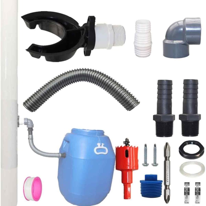 Esővízgyűjtő ereszcsatornához/gyűjtőrendszerhez, kompatibilis O 70-110 mm, 50 cm HDPE tömlővel, szerszámmentes szerelés, UV-álló, Többszínű, 28x14x14 cm