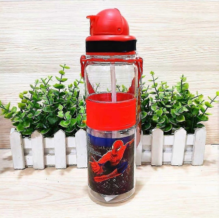 Pókemberes gyerek kulacs/vizespalack, nem mérgező PC anyagból, szívószállal és cseppmentes flip-top kupakkal, vállpánttal, piros/átlátszó, 500ml