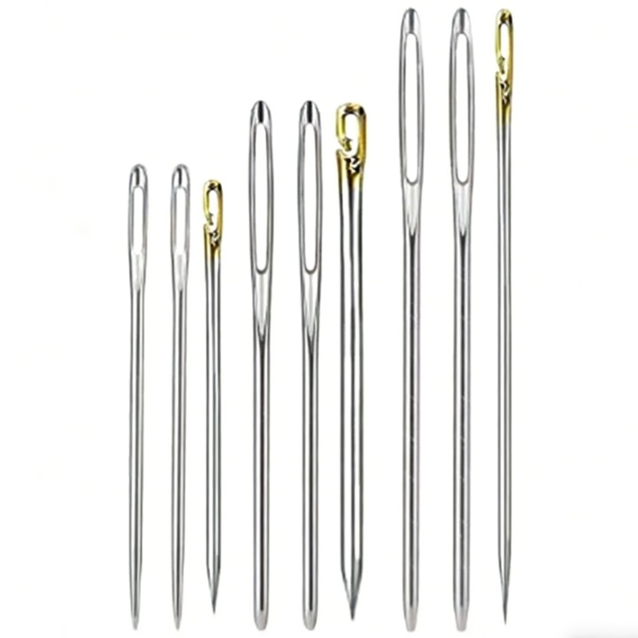 Set 12 bucati, ace de cusut pentru broderie din otel inoxidabil, cu ochi mare si cap ergonomic, rezistente la rugina, argintiu, 60 mm, marimi 14–24