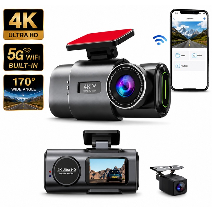 Camera auto DVR 4K 2160P cu camera marsarier, camera de bord ultracompacta, unghi larg 170°, G-Sensor, inregistrare in bucla, vedere nocturna, instructiuni vocale, negru