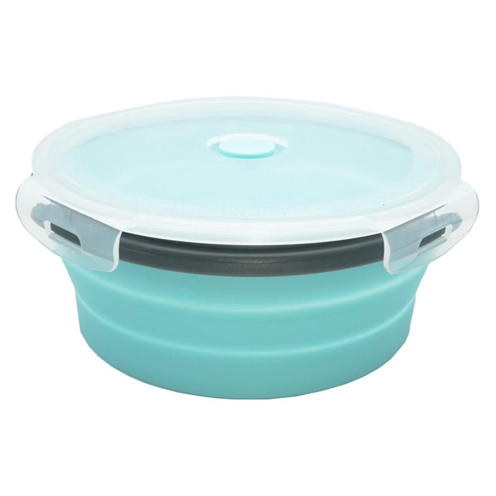 Bol pliabil din silicon alimentar, castron pliant, fara BPA, pliabil si expandabil, rezistent la temperaturi -40°F pana la 450°F, cu inel rigid si baza stabila, albastru, 42 oz (1,24 L)